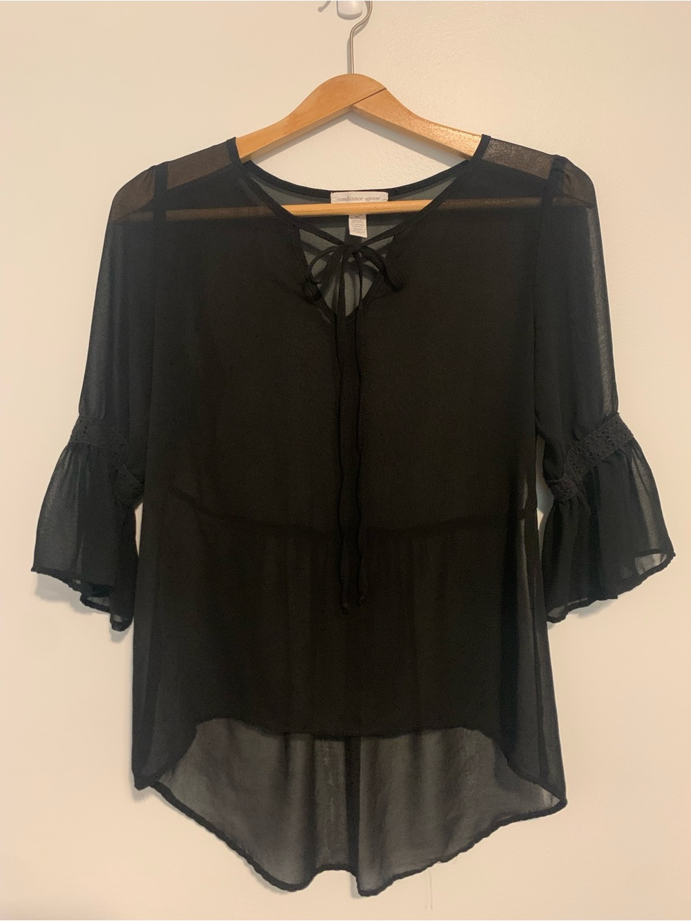Ambiance Apparel Sheer Hi-Low Chiffon Tunic Top Black Size Small 3/4 Sleevw